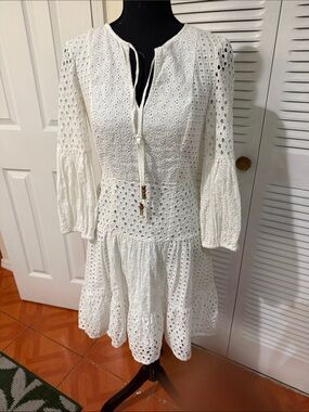 Vince Camuto White Eyelet Tie-Neck Mini Dress